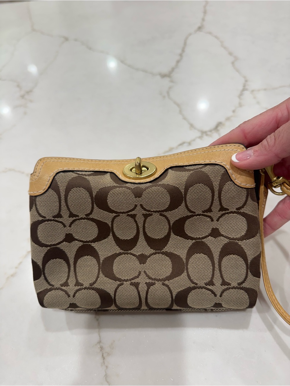 Coach Brown Signature Canvas Wristlet with Tan Trim